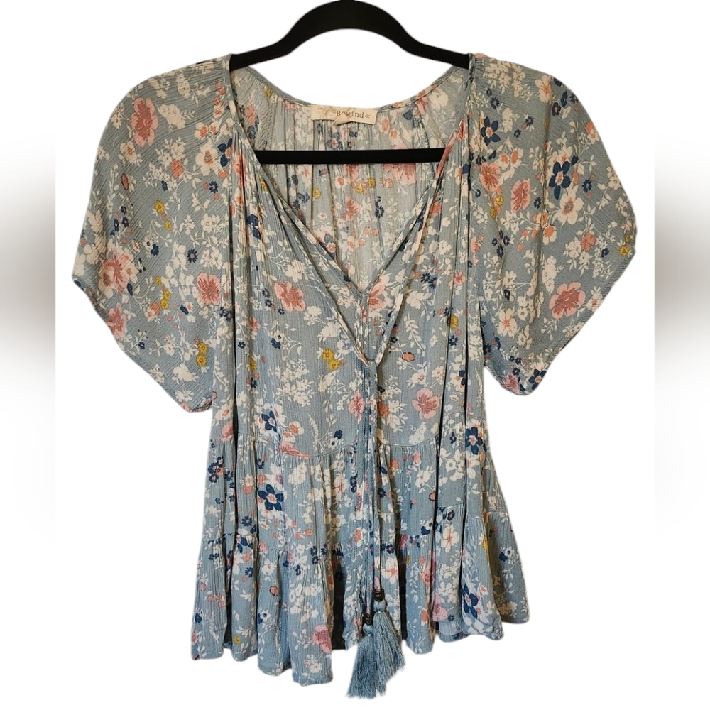 CLOSET CLEAROUT Rewind Blue and Pink Floral Blouse Shirt Top, Gardencore Size XS